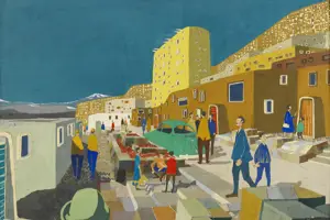 En färgglad illustration av kvarteret Ortdrivaren, människor som promenerar utomhus samt en parkerad bil.