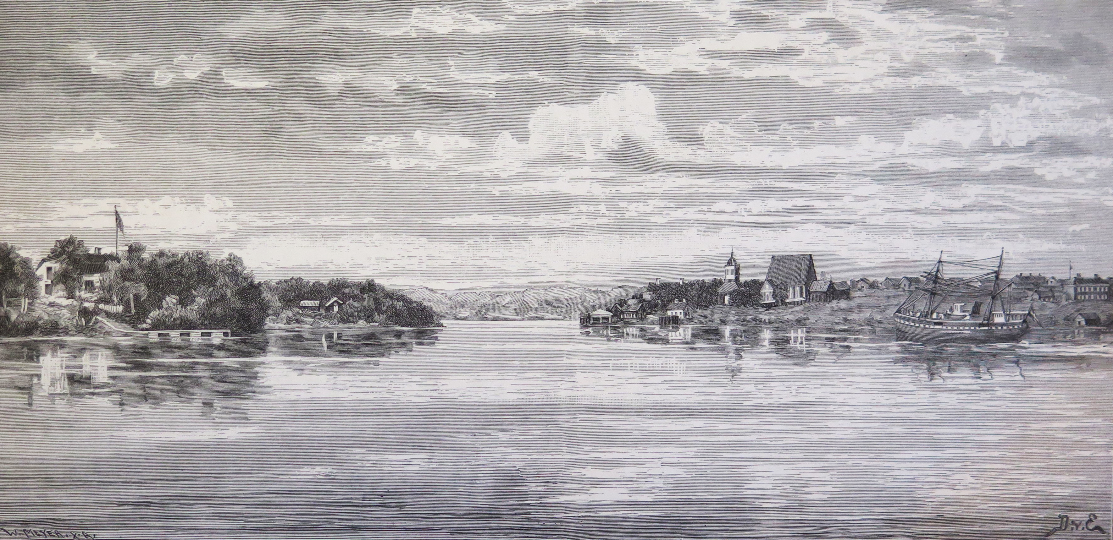 Xylografi över Nederkalix 1888, gjord av Meyer baserad på en målning av Didrik von Essen (1856-1922).