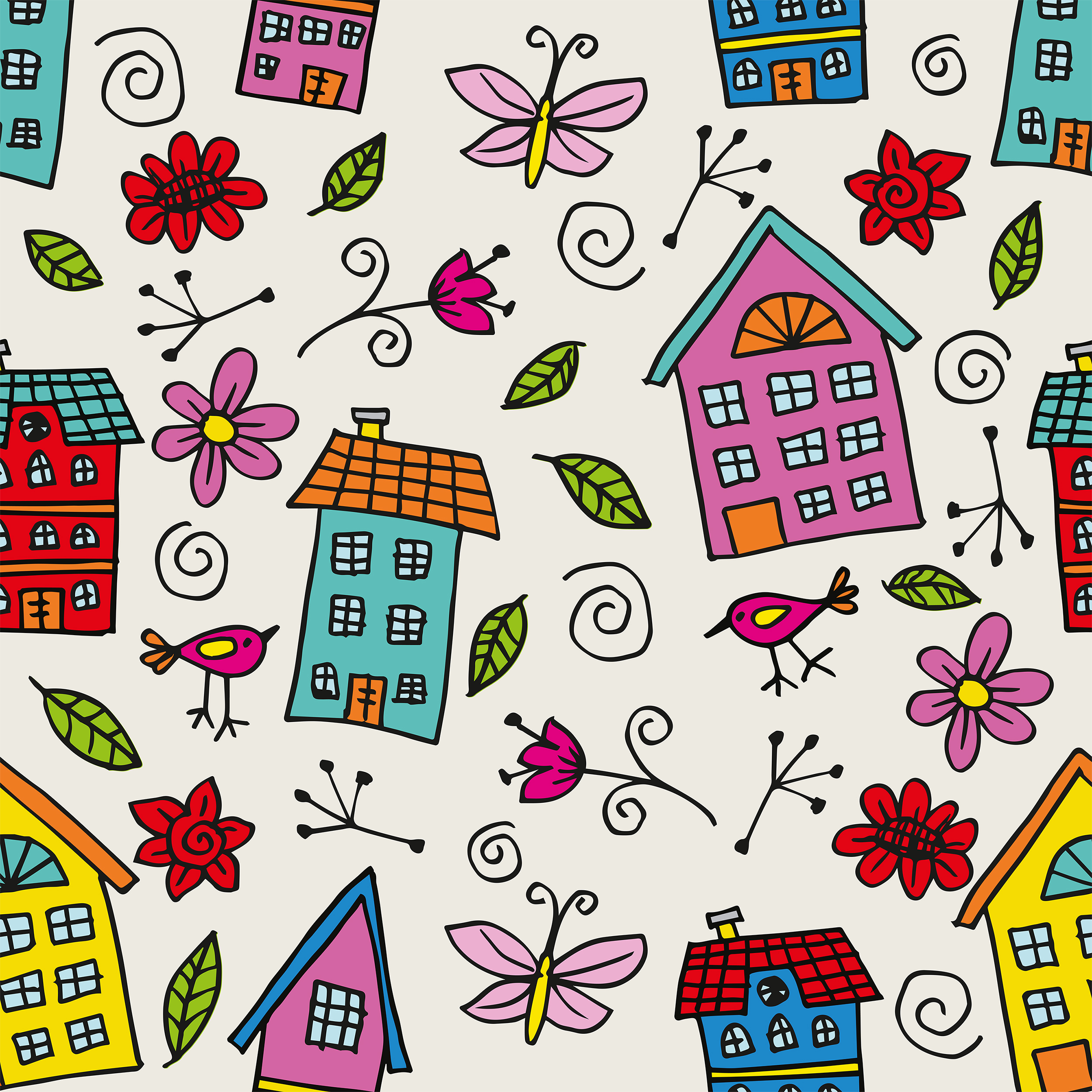 Färgglad illustration med hus, blommor, fåglar och fjärilar.