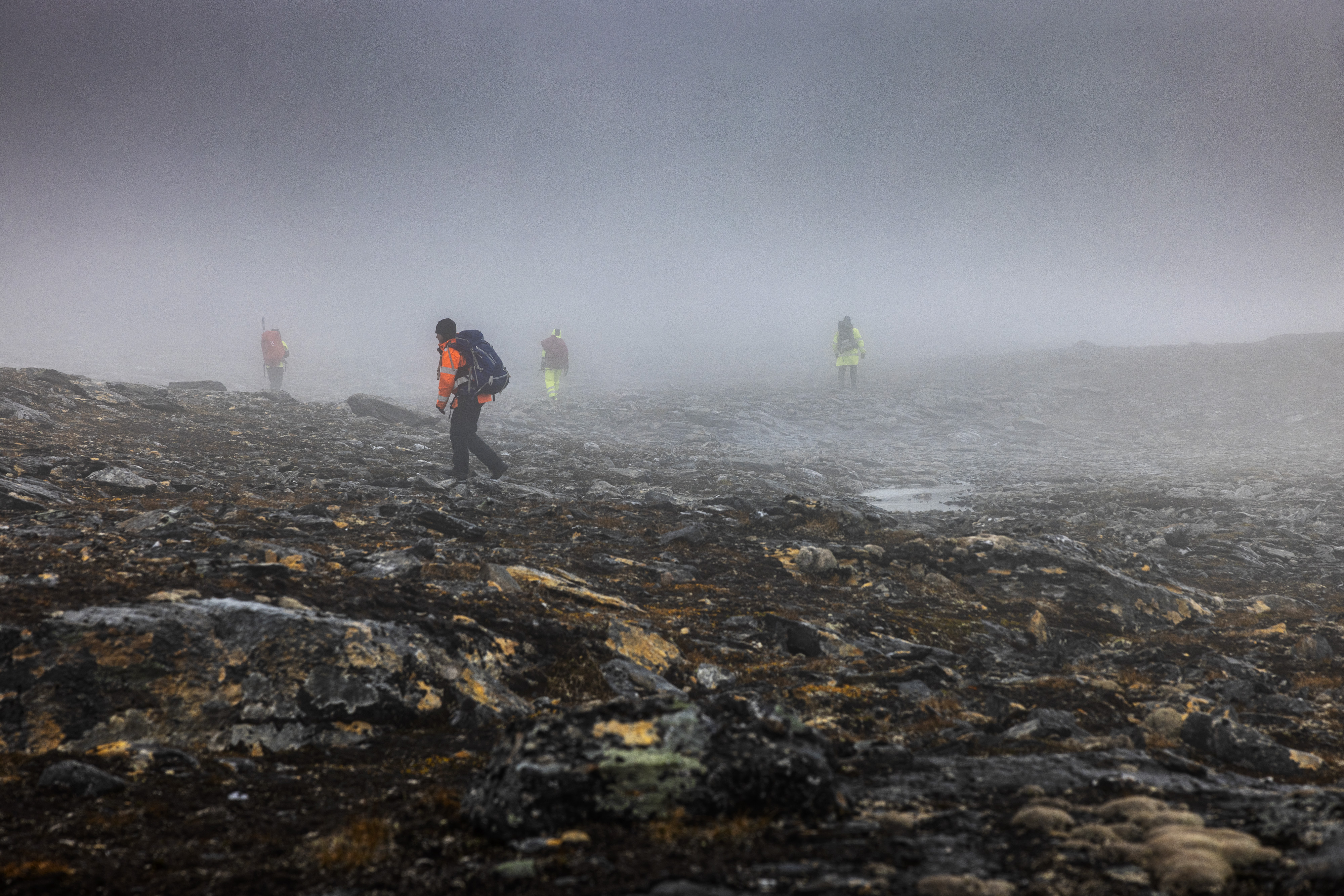'Fyra arkeologer med ryggsäckar går i dimman i ett platt och klippigt bergslandskap i Norrbottensfjällen.'