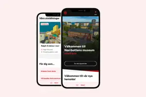 Norrbottens museums nya hemsida, visad på två mobilskärmar.