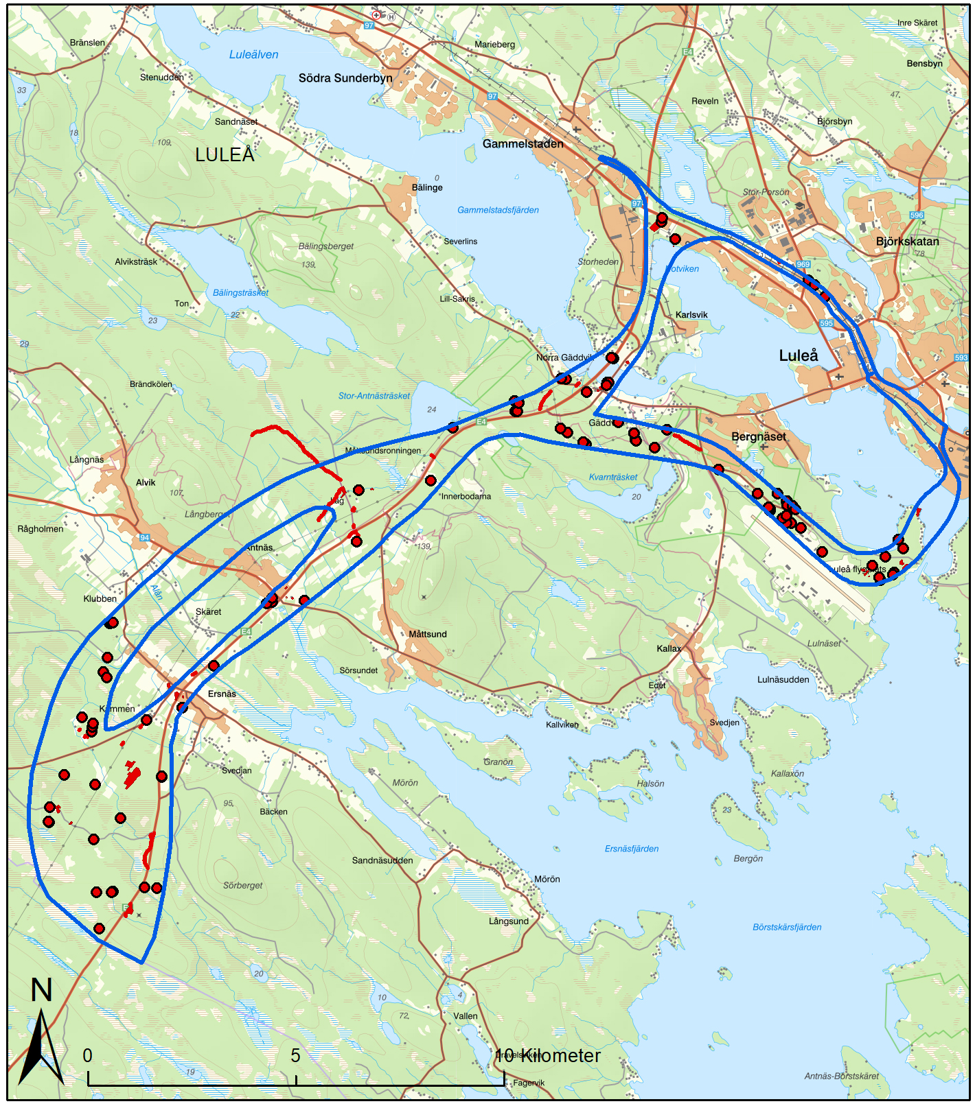 Karta över arkeologiska undersökningar inför alternativa sträckningar av Norrbotniabanan söder om Luleå.
