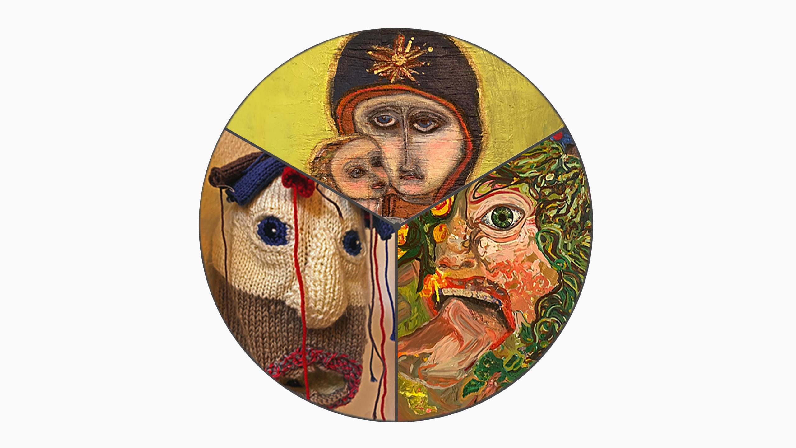 Ett collage som föreställer Maria och Jesusbarnet, en stickad strumpa som ser ut som ett ansikte, och ett målat ansikte av en man.