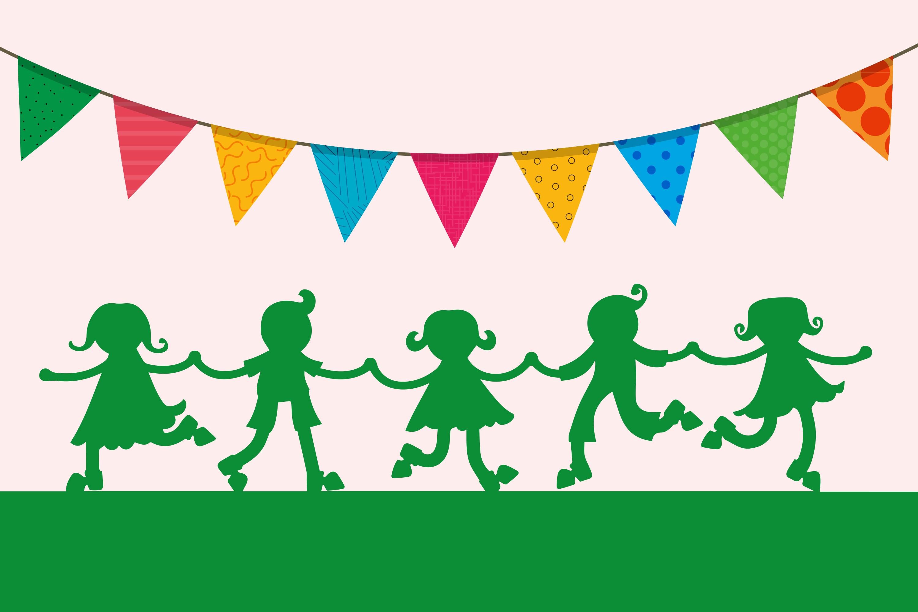 Illustration von fünf Kindern, die Händchen halten und unter einem Seil tanzen, an dem bunte Wimpel hängen.